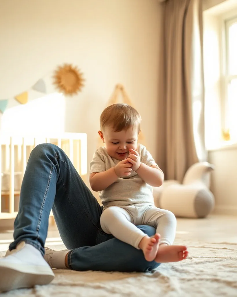 A parent and baby spending time together on the floor of a sunlit nursery